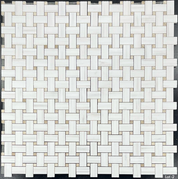 Dolomite Tri-Weave with 3/8" Crema Marfil Dot Mosaic Honed