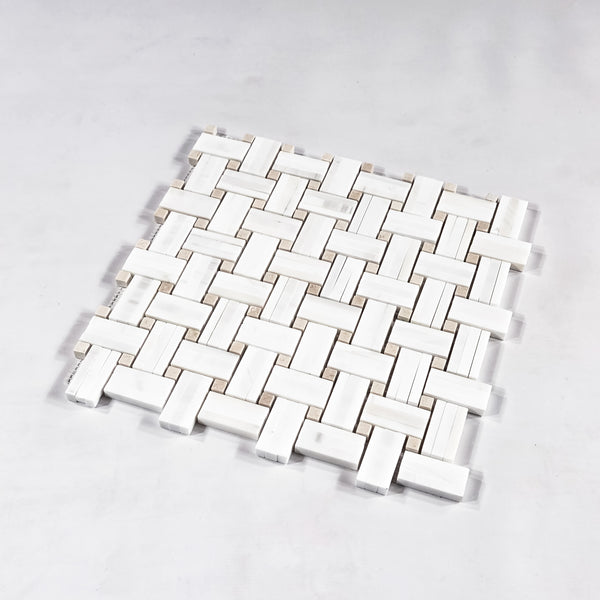 Dolomite Tri-Weave with 3/8" Crema Marfil Dot Mosaic Honed - Elon Tile & Stone