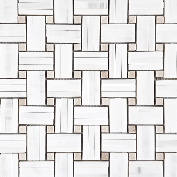 Dolomite Tri-Weave with 3/8" Crema Marfil Dot Mosaic Honed