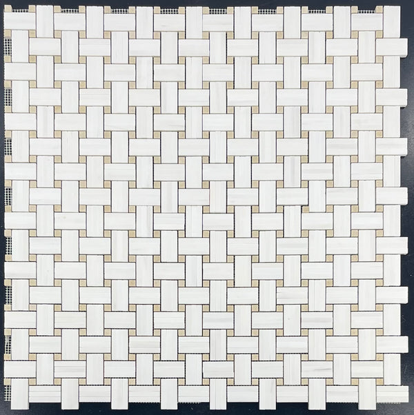 Dolomite Tri-Weave with 3/8" Crema Marfil Dot Mosaic Honed