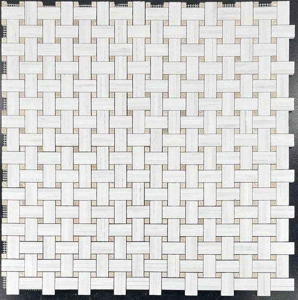 Dolomite Tri-Weave with 3/8" Crema Marfil Dot Mosaic Honed