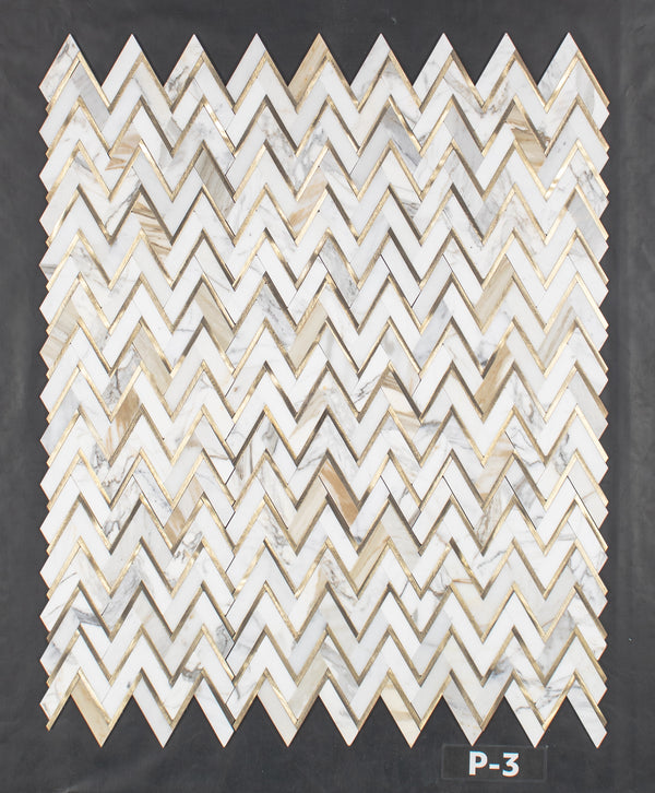 Calacatta Gold Herringbone with Gold Aluminum Mosaic Polished