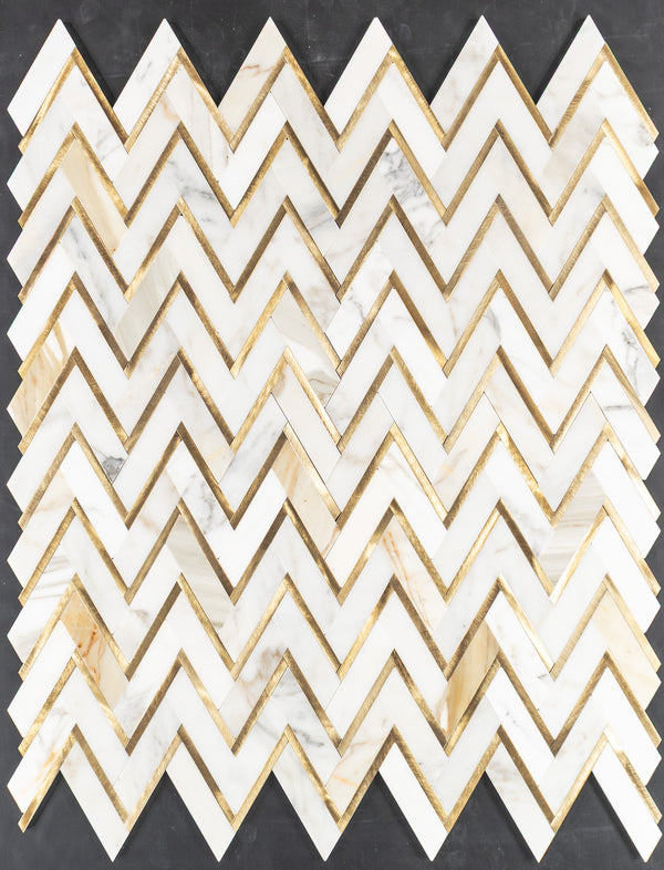 Calacatta Gold Herringbone with Gold Aluminum Mosaic Polished