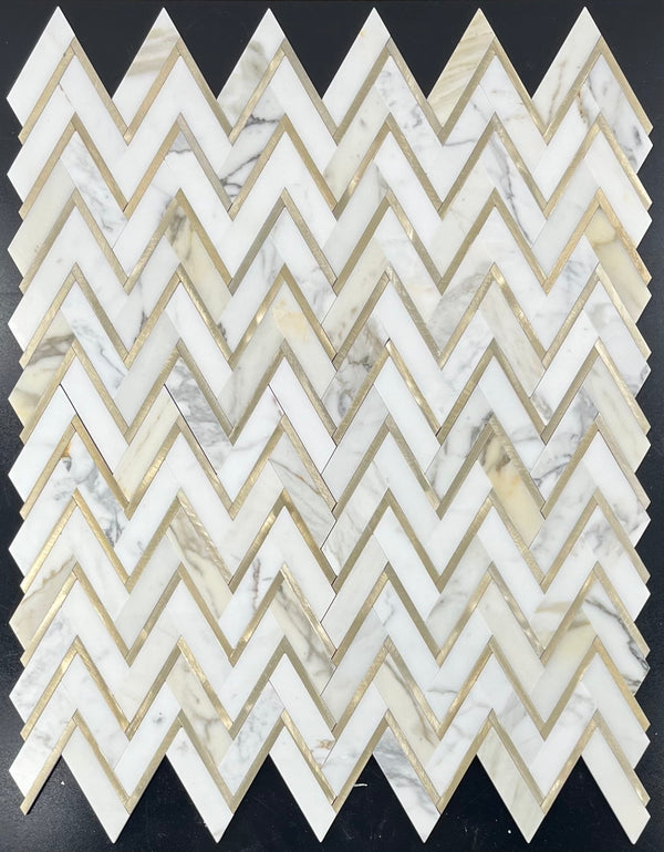 Calacatta Gold Herringbone with Gold Aluminum Mosaic Polished