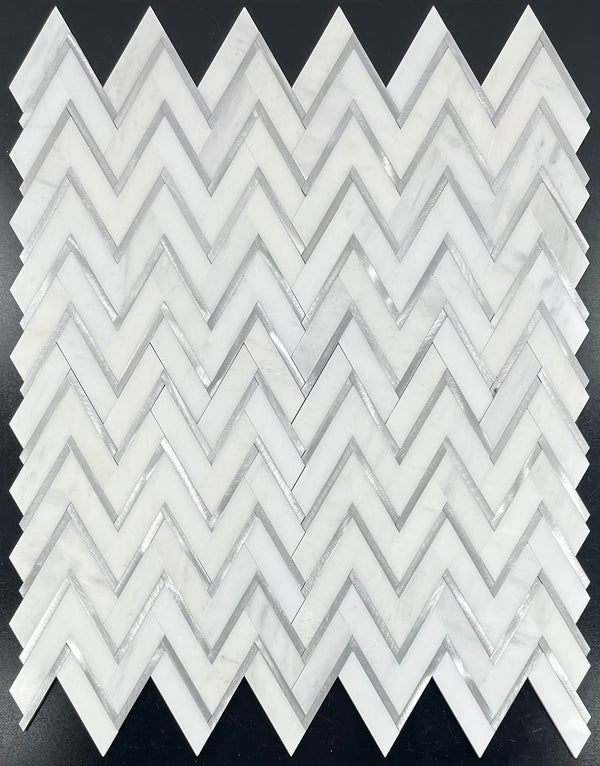 Pearl White Herringbone with Silver Aluminum Mosaic Polished