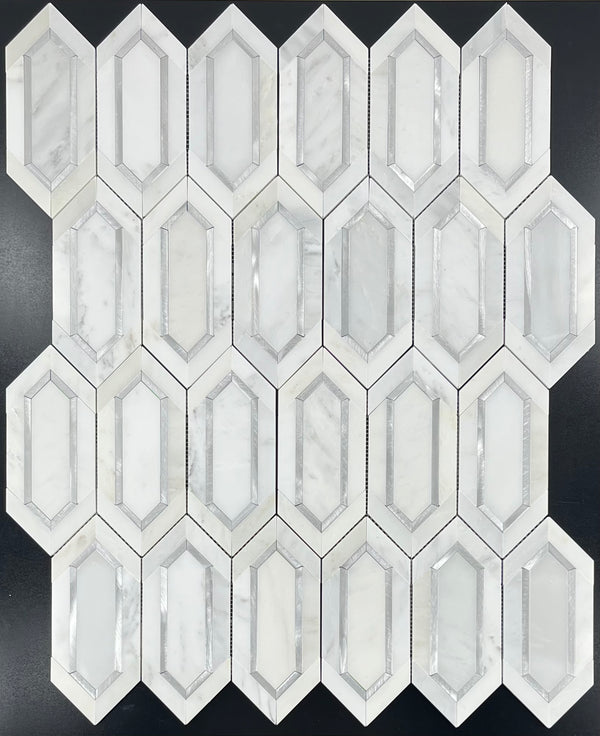 Blanco perla con mosaico de piquete de aluminio plateado pulido