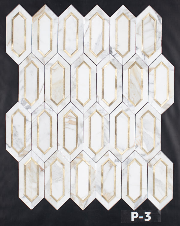 Calacatta Gold with Gold Aluminum Picket Mosaic Polished