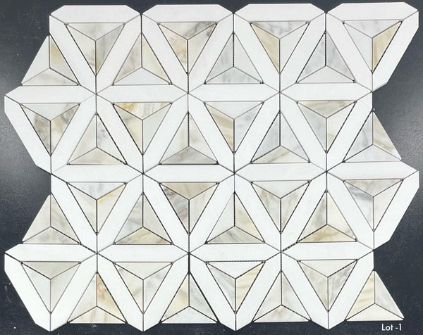 White Thassos Siena with Calacatta Gold Mosaic Honed