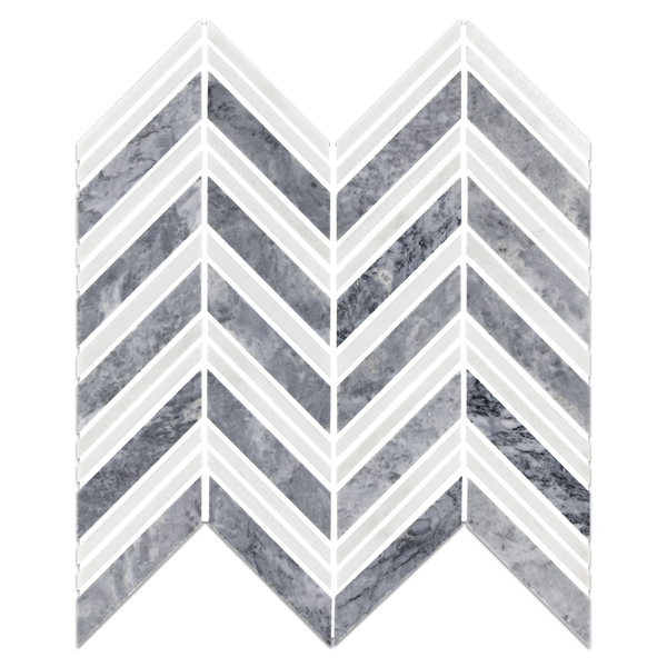 **STOCK LIMITADO** Chevron gris Pacífico con mosaico Thassos blanco pulido