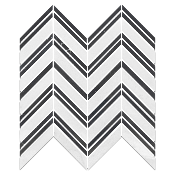 **STOCK LIMITADO** Thassos Chevron blanco con mosaico negro pulido