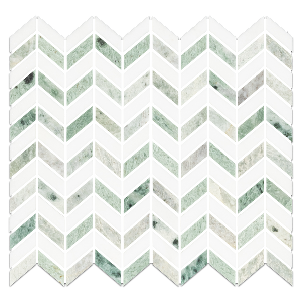 White Thassos Petite Chevron with Ming Green Mosaic Polished