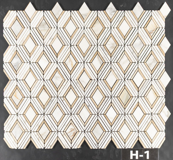 Calacatta Petite Jewel with White Thassos and Crema Marfil Mosaic Honed