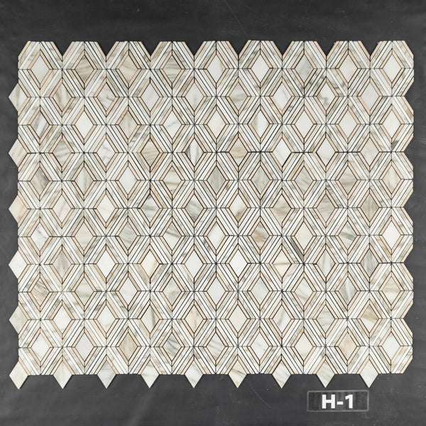 Calacatta Petite Jewel with White Thassos and Crema Marfil Mosaic Honed