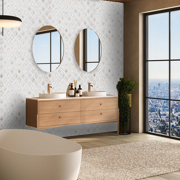 Calacatta Petite Jewel with White Thassos and Crema Marfil Mosaic Honed