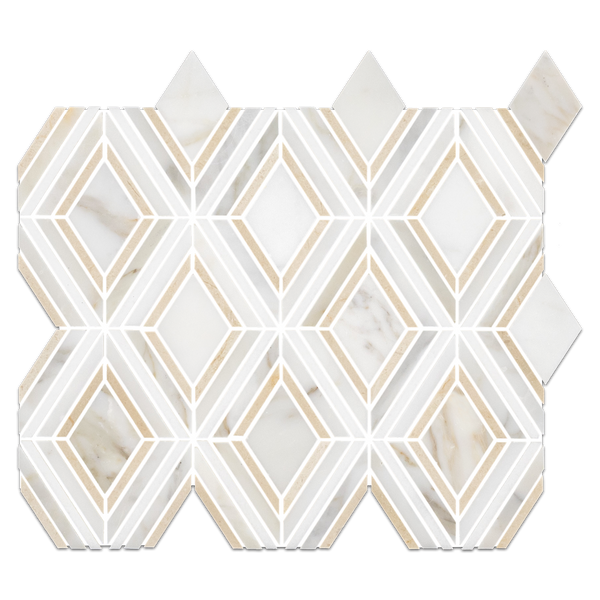 Calacatta Petite Jewel con Thassos Blanco y Mosaico Crema Marfil Afinado