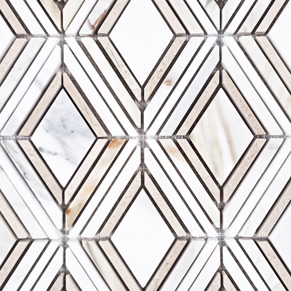 Calacatta Petite Jewel with White Thassos and Crema Marfil Mosaic Honed