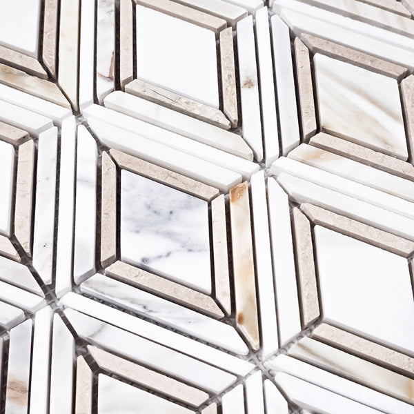 Calacatta Petite Jewel with White Thassos and Crema Marfil Mosaic Honed