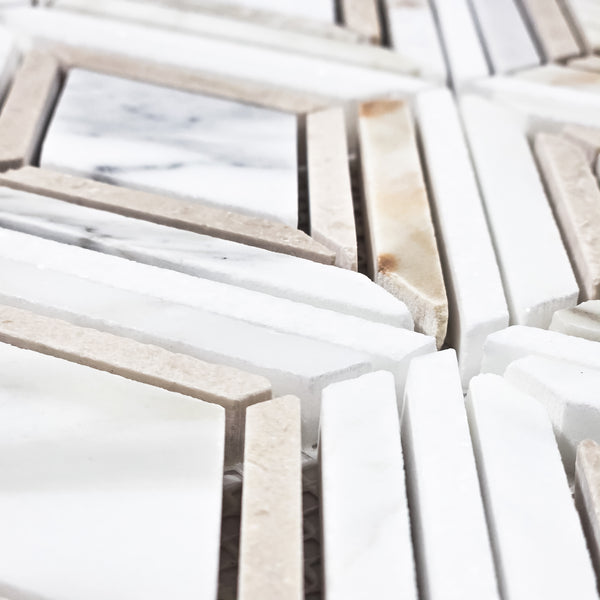 Calacatta Petite Jewel with White Thassos and Crema Marfil Mosaic Honed