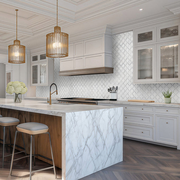 Pearl White Petite Jewel with Mystic Gray and Bardiglio Nuvolato Mosaic Honed