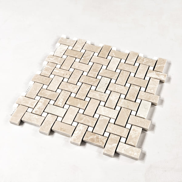 Vanilla Royale Basketweave with 3/8" Dolomite Dot Mosaic Honed