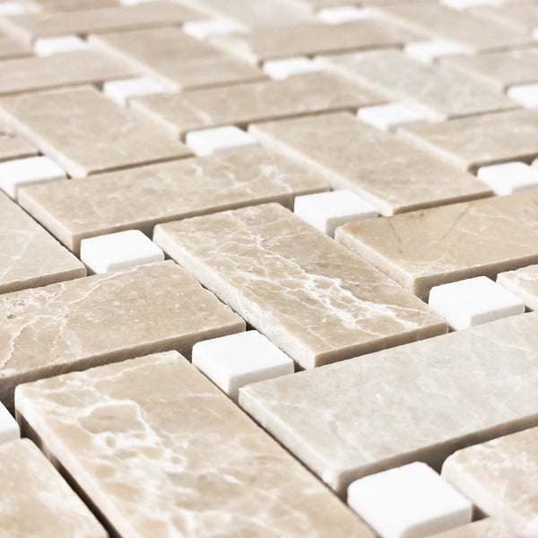 Vanilla Royale Basketweave with 3/8" Dolomite Dot Mosaic Honed