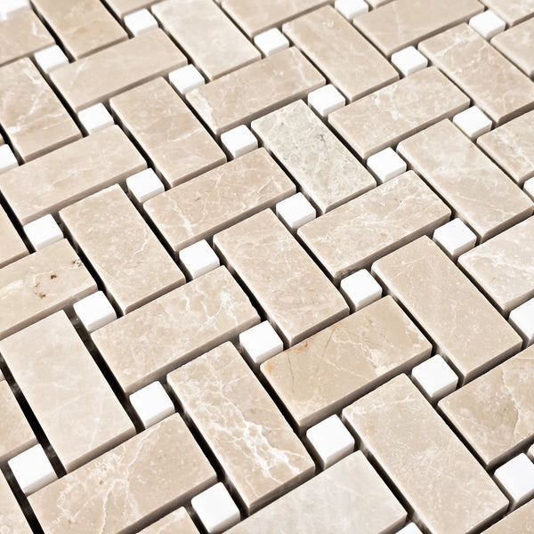 Vanilla Royale Basketweave with 3/8" Dolomite Dot Mosaic Honed