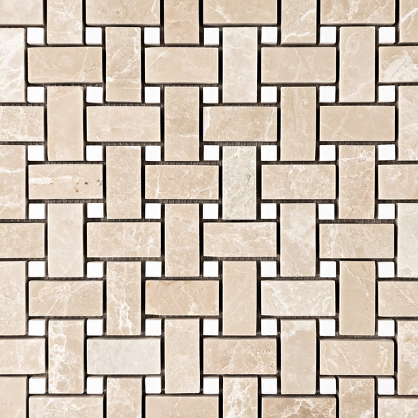 Vanilla Royale Basketweave with 3/8" Dolomite Dot Mosaic Honed