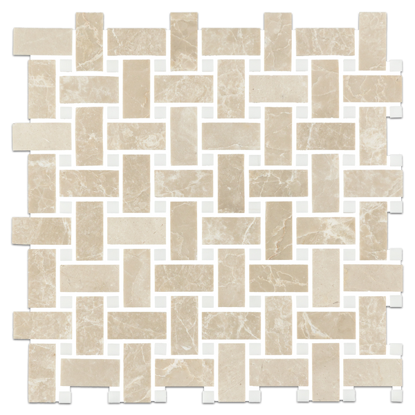 Vanilla Royale Basketweave with 3/8" Dolomite Dot Mosaic Honed