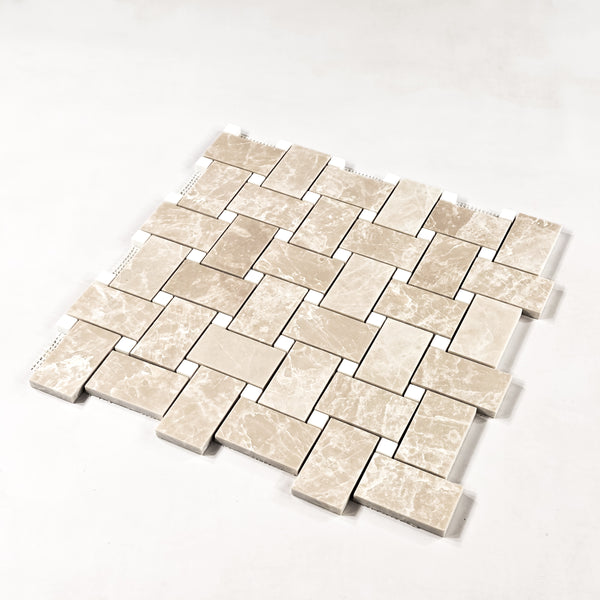 Vanilla Royale Extra Large Basketweave with 5/8" Dolomite Dot Mosaic Honed