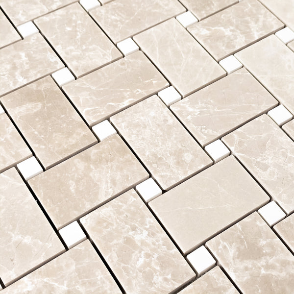 Vanilla Royale Extra Large Basketweave with 5/8" Dolomite Dot Mosaic Honed