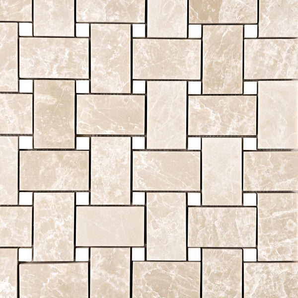 Vanilla Royale Extra Large Basketweave with 5/8" Dolomite Dot Mosaic Honed