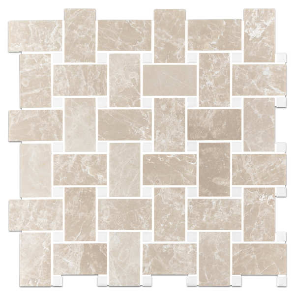 Vanilla Royale Extra Large Basketweave with 5/8" Dolomite Dot Mosaic Honed
