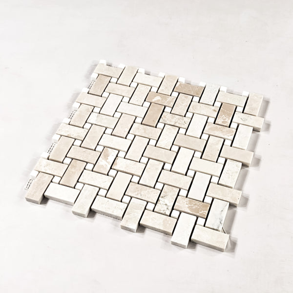 Alba Nova Basketweave with 3/8" Dolomite Dot Mosaic Honed