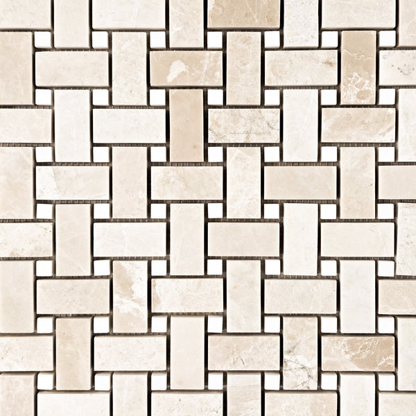 Alba Nova Basketweave with 3/8" Dolomite Dot Mosaic Honed
