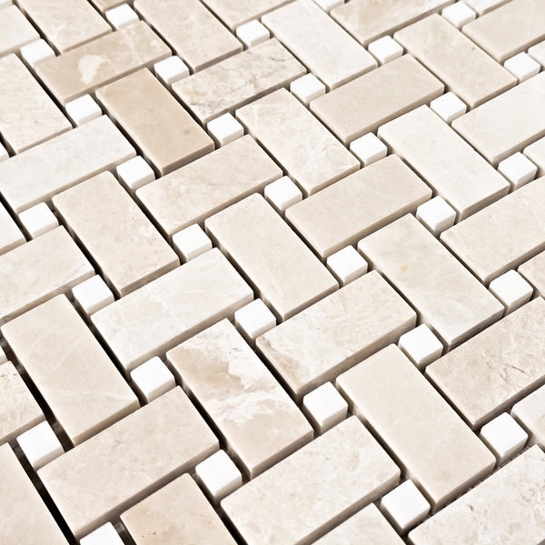 Alba Nova Basketweave with 3/8" Dolomite Dot Mosaic Honed