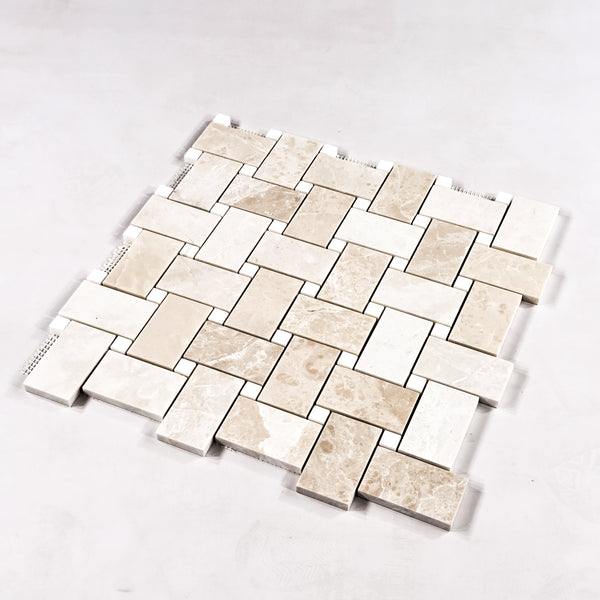 Alba Nova Extra Large Basketweave with 5/8" Dolomite Dot Mosaic Honed