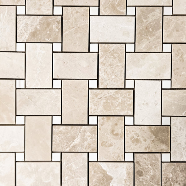 Alba Nova Extra Large Basketweave with 5/8" Dolomite Dot Mosaic Honed