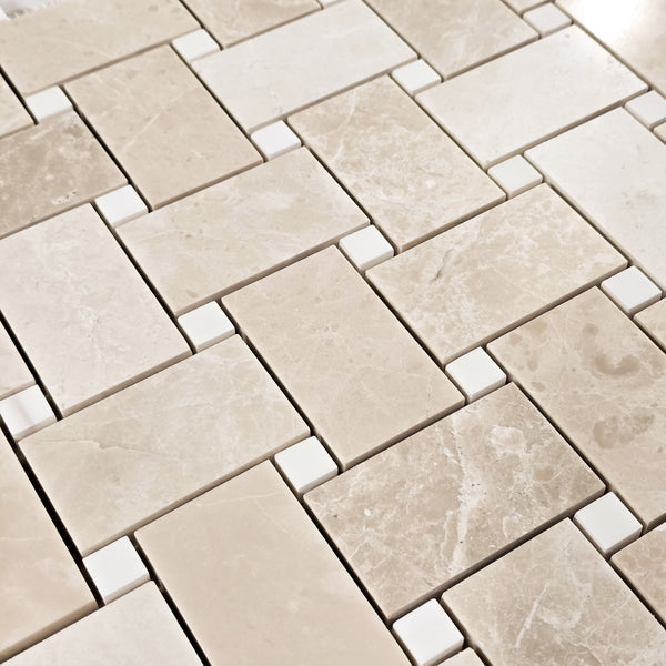 Alba Nova Extra Large Basketweave with 5/8" Dolomite Dot Mosaic Honed