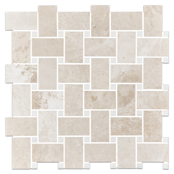 Alba Nova Extra Large Basketweave with 5/8" Dolomite Dot Mosaic Honed