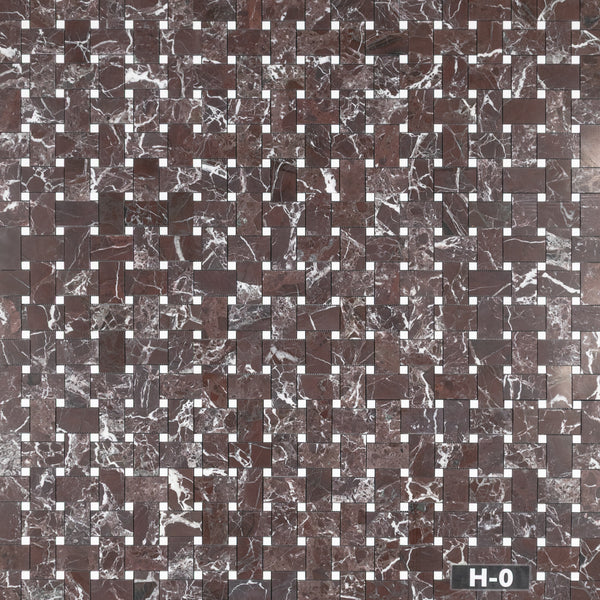 Rosso Levanto Extra Large Basketweave with 5/8" White Thassos Dot Mosaic Honed