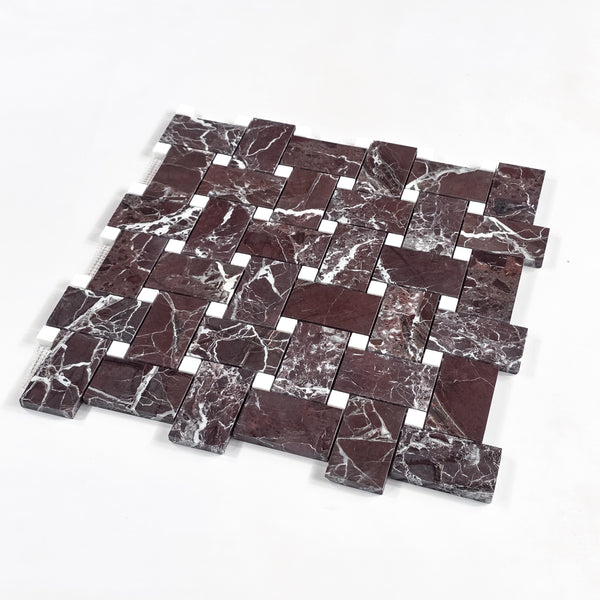 Rosso Levanto Extra Large Basketweave with 5/8" White Thassos Dot Mosaic Honed
