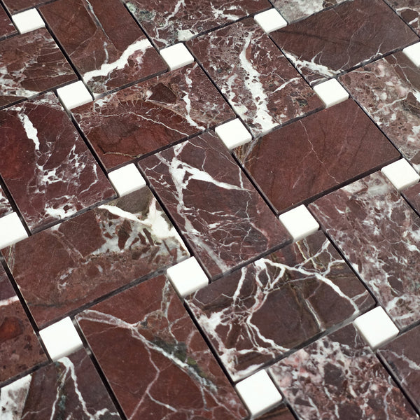 Rosso Levanto Extra Large Basketweave with 5/8" White Thassos Dot Mosaic Honed