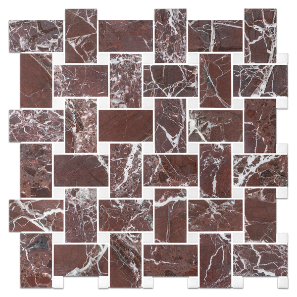Rosso Levanto Extra Large Basketweave with 5/8" White Thassos Dot Mosaic Honed