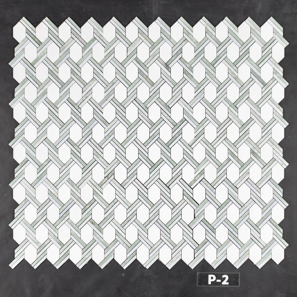 Thassos Captiva blanco con mosaico azul celeste y verde Ming pulido