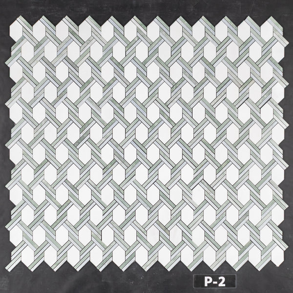 White Thassos Captiva with Blue Celeste and Emerald Green Mosaic Polished - Elon Tile & Stone