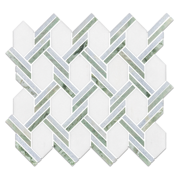Thassos Captiva blanco con mosaico azul celeste y verde Ming pulido