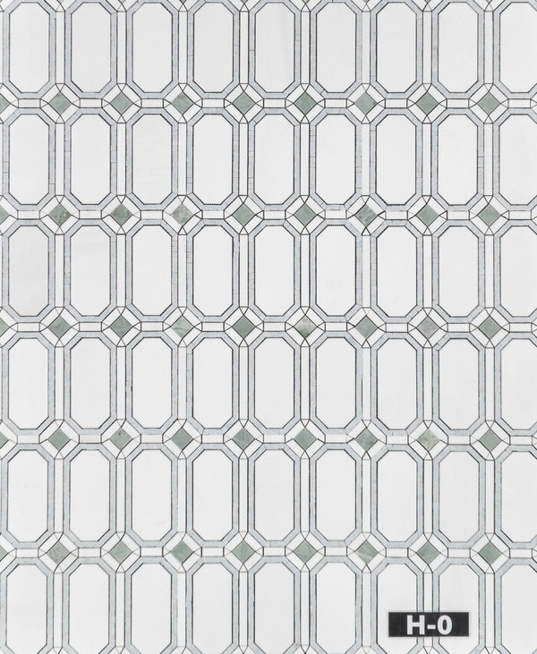 White Thassos Gem with Blue Celeste Surround and Emerald Green Dot Mosaic Honed