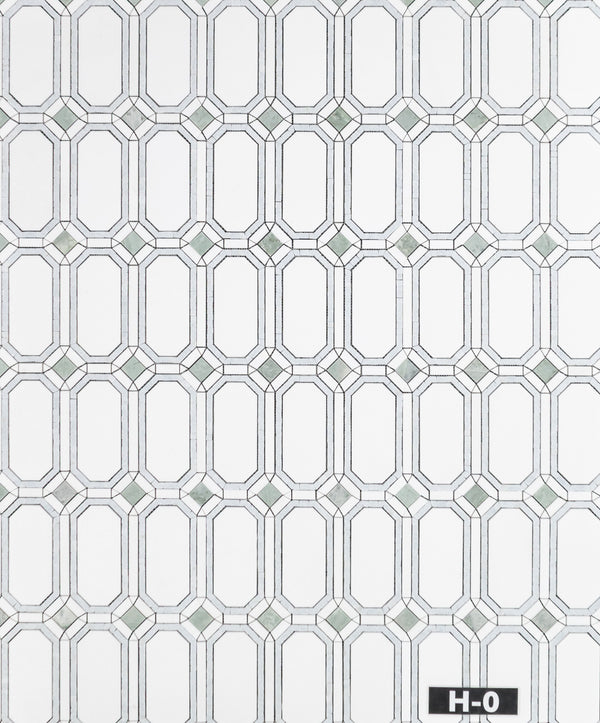 White Thassos Gem with Blue Celeste Surround and Emerald Green Dot Mosaic Honed