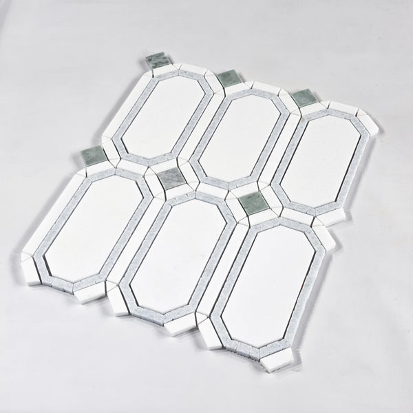 White Thassos Gem with Blue Celeste Surround and Emerald Green Dot Mosaic Honed
