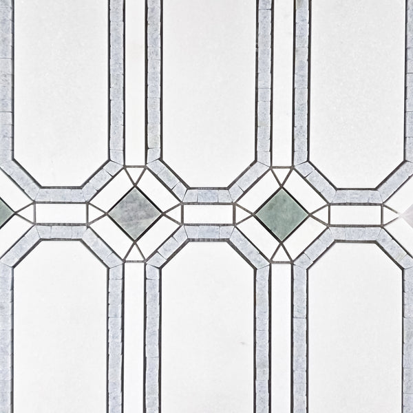 White Thassos Gem with Blue Celeste Surround and Emerald Green Dot Mosaic Honed